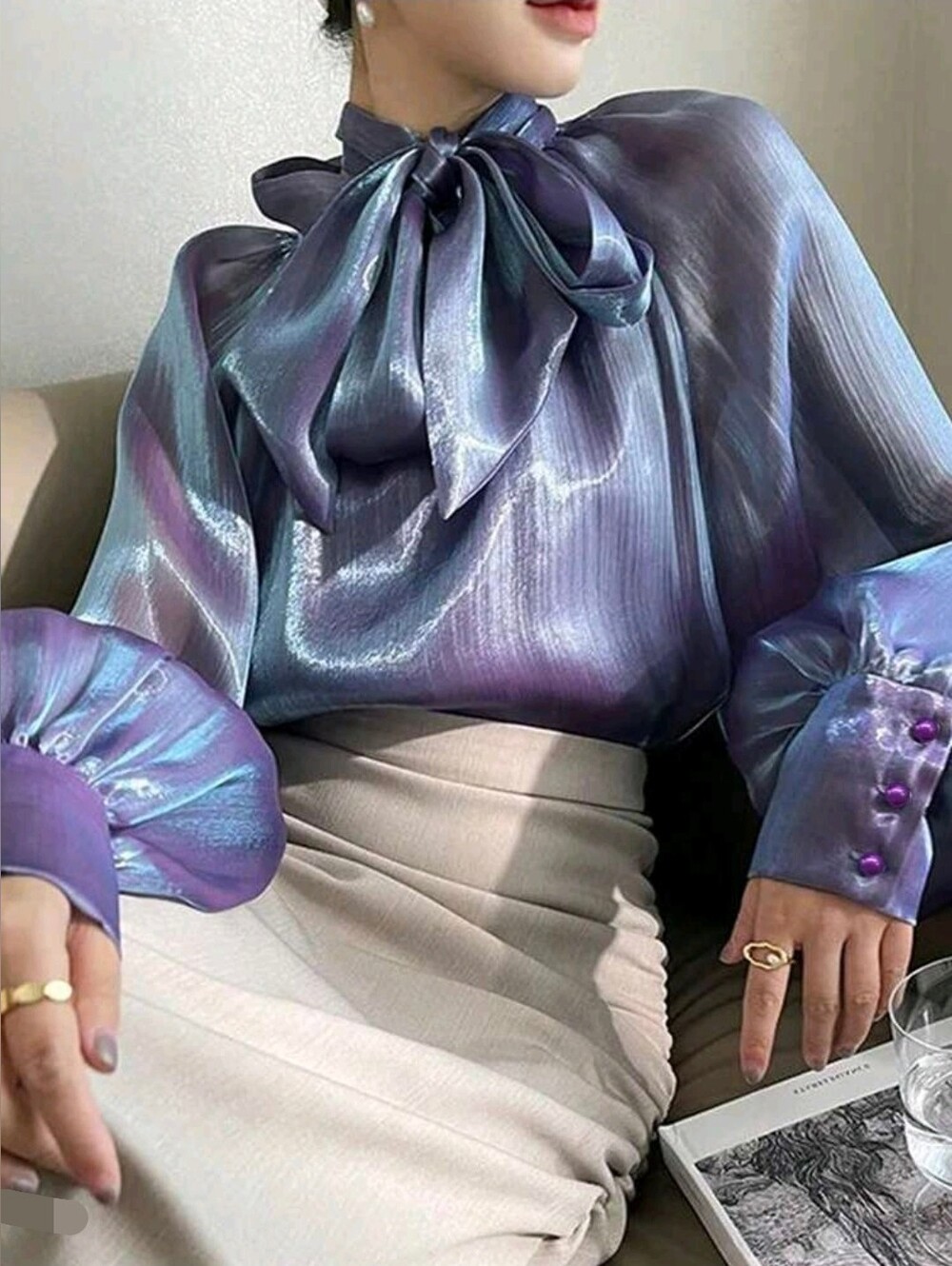 Women's Satin Shimmer Lavender Bow Tie Neck Blouse